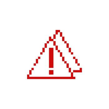 mosaico píxel Arte alerta icono con rojo triángulo y exclamación marca para retro juegos vector