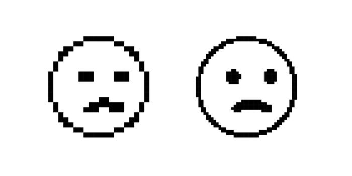 Pixel art faces displaying different expressions with simple black and white design vector