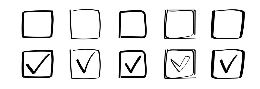 Collection of sketch style checkboxes featuring various hand drawn checkmark variations vector