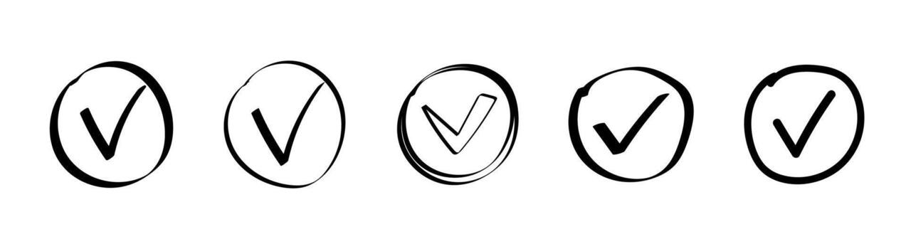 Five circular checkbox icons in sketch style with hand-drawn and outline designs vector