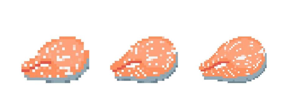Mosaic-style pixel art salmon steaks in retro 8 bit design for nostalgic game elements vector