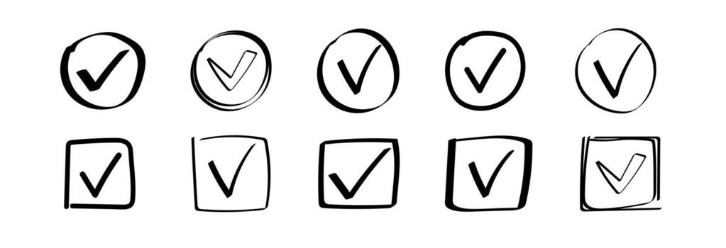 Hand drawn checkbox icons in various styles with checkmarks in circular and square shapes vector
