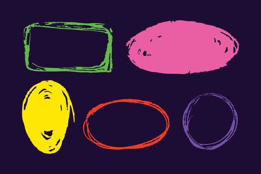 Chalk drawn speech shapes and frames set. Hand sketched colorful geometric frames and circles with crayon texture on dark board background. doodle design elements vector