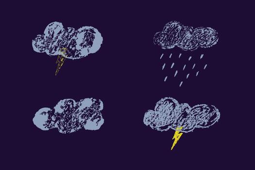 Storm clouds with lightning and rain drawn with chalk or pencil. Hand drawn thunderstorm icons in textured doodle style. Weather symbols for weather and climate forecast design. Collection of thunders vector