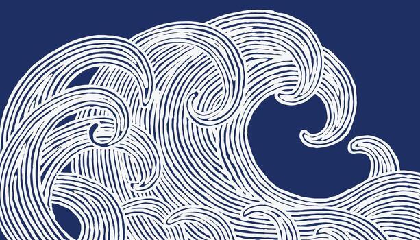 Dynamic Japanese inspired wave pattern in bold indigo and white, featuring hand drawn flowing lines that create a textured, organic, and traditional ocean motif. vector