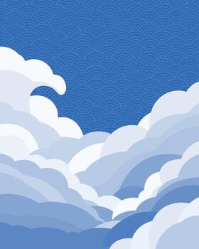 Elegant Japanese papercut style pattern with layered blue and white waves against a Seigaiha wave background, blending tradition with modern minimal design. vector