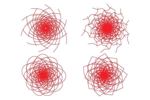 Hand Drawing Circular Insane Tangled Scribble Random Geometric Red Line Art Designs on White Background. vector
