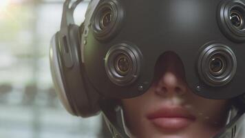 un' uomo macchina nel un' futuristico casco sembra in giro con un' bokeh effetto video