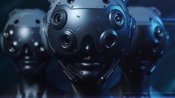 robotar sätta på en hjälm med en omvandling effekt och observera Vad är happening. de begrepp av artificiell intelligens och teknologi video