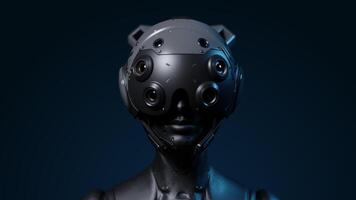 close-up of the robot's head with the effect of helmet transformation, the robot is watching what is happening video