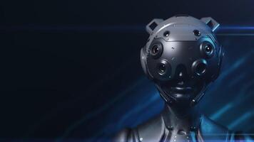 the robot puts on a helmet with a transformation effect and watches what is happening. the concept of artificial intelligence and technology video