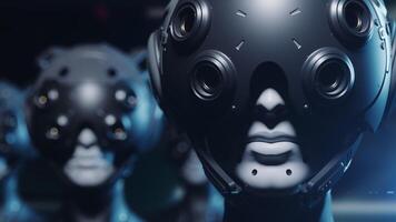 An army of robots with a helmet transformation effect, the robot is watching what is happening video