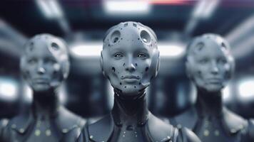 de grupp av robotar nickar deras huvuden. de begrepp av underkastelse av de artificiell intelligens video