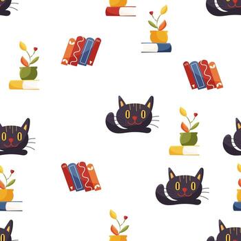 sin costura modelo con gato y libros en blanco vector