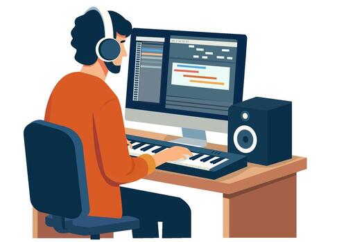 Flat illustration of a producer composing a song in the studio. vector