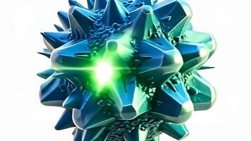 i en fascinerande dansa av färger, en sfärisk klunga av vinkel- molekyl skiftande tycka om utomjording stjärna motor graciöst snurrar och pulserar med strålnings ljus, visa upp en mångfasetterad design video