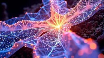 Aan een helder, smetteloos achtergrond, ingewikkeld strengen weven en ontvouwen Leuk vinden een hoekig molecuul verschuiven Leuk vinden buitenaards wezen ster motor, pulserend met een spectrum van levendig kleuren, creëren een video