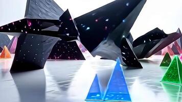 ser ett array av vinkel- pyramider den där vrida och omforma, de vinkel- molekyl skiftande tycka om utomjording stjärna motor förvandla i en kontinuerlig flöde, med skarp kontraster mellan mörk nyanser och video