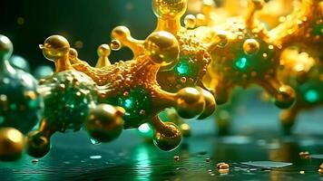 badend in stralend goud en smaragd tinten, een hoekig molecuul verschuiven Leuk vinden buitenaards wezen ster motor spins sierlijk, presentatie van een levendig fusie van scherp hoeken en vloeistof bochten, net zo het evolueert video