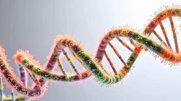 Curved molecular chains weave together, twisting and curling in a display of colorful luminescence that captures the viewers imagination, embodying the captivating motion of a molecule video