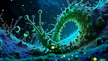 A swirling cascade of deep indigo and emerald glimmers illuminates the scene, where a molecular structure breaks apart elegantly, molecule unraveling like spring in reverse motion, sending video