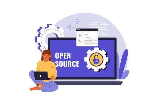 Woman using laptop for open source vector