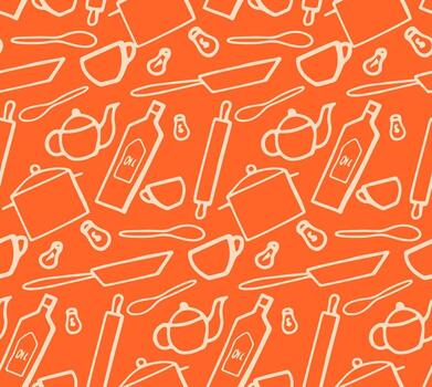 Seamless pattern with contours of objects on the topic of kitchen vector