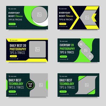 Multipurpose tips and tricks thumbnail banner design, daily exercise, photography cover banner design, bundle thumbnail banner design, eps 10 file form vector