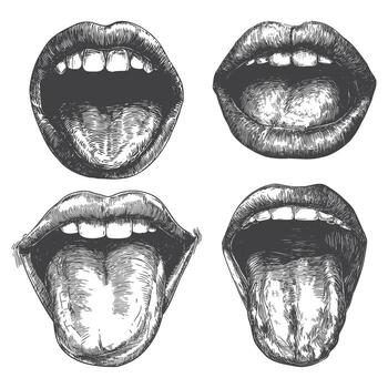 bosquejo de varios bocas abierto con lengua vector