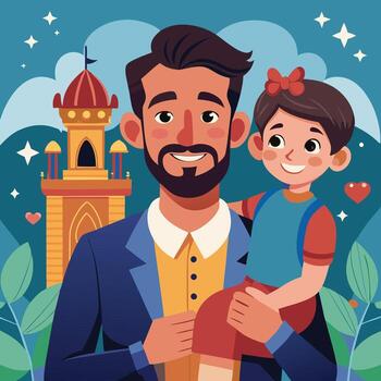 un hombre y un niño son en pie en frente de un azul antecedentes con rojo corazones vector