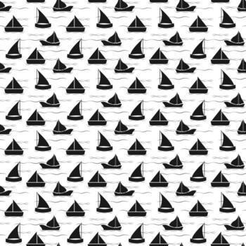 Seamless pattern with black sailboat and wave. Repeating background of sailing ship on water. vector