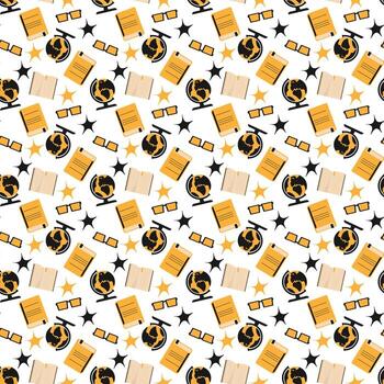 Seamless pattern for back to school and study. Repeating background of globe, book, and glasses vector