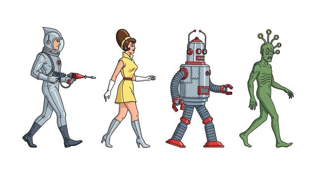 Retro SciFi Characters Walking with White Background. vector