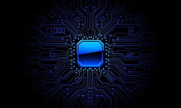 blue circuit board technology connected electronics elements computer motherboard chip processor semiconductor digital background vector