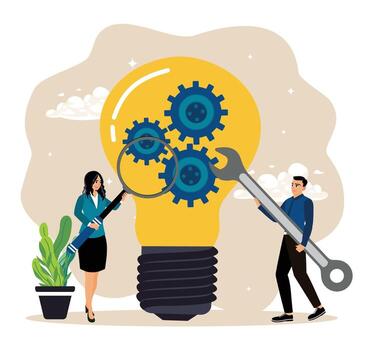 trabajo en equipo y problema resolviendo con creatividad, innovación y colaboración. vector