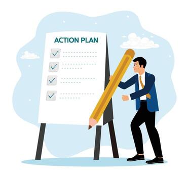 Entrepreneurs write action plans with checklists on a whiteboard. vector