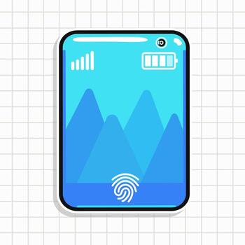 Stylized smartphone with a mountain graphic on a grid background, with fingerprint security. vector