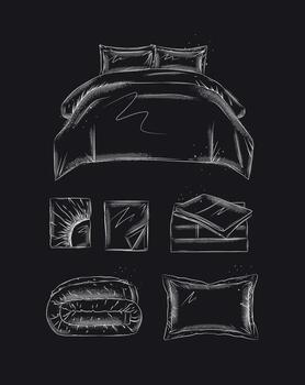 Bedding elements set with pillow, folded blanket, sheet, bed for bedroom drawn in graphic style on black background vector