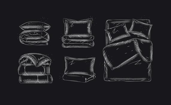 Bedding set with elements pillow, folded blanket, sheet, bed for bedroom drawn in graphic style on black background vector