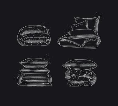 Blankets and pillows elements set with pillow, folded blanket, sheet for bedroom drawn in graphic style on black background vector