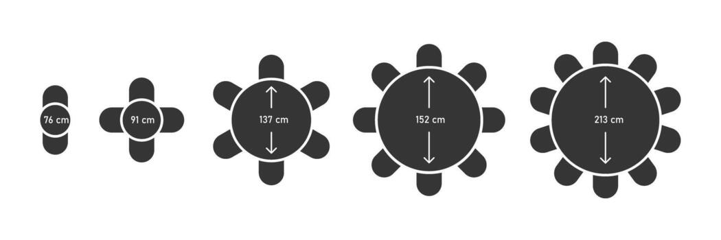 Round Table Seating Charts with Sizes. illustration of round tables with dimensions and seating arrangements. Sheme for banquet, wedding, catering, and event planning vector