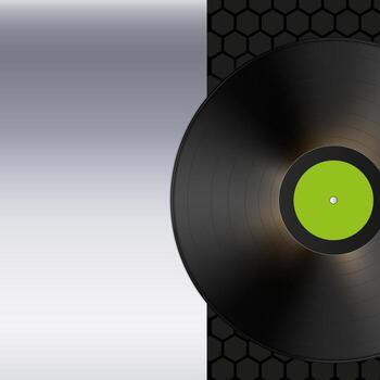 A black vinyl record is shown partially against a gradient gray background and a black hexagonal pattern vector