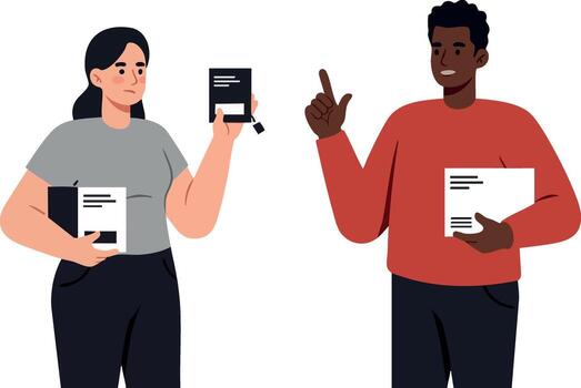 Diverse people holding documents and discussing teamwork in modern business setting illustration vector