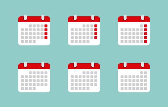 Event calendar icon set in flat design. Monthly planner symbol in circle. Schedule and date reminder symbol vector