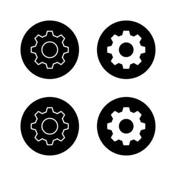 Gear settings icon set in black circle. Cogwheel symbol for system preferences and configuration vector