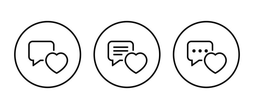 charla amor icono conjunto en circular describir. mensaje burbuja con corazón símbolo. actividad y notificación concepto vector