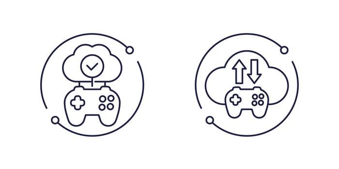 game server line icons with gamepad, cloud gaming vector