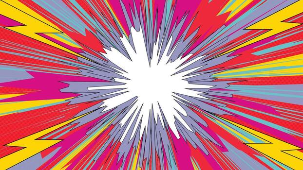 Dynamic pop art explosion background featuring red halftone rays with yellow lightning and bold burst center, perfect for posters, banners, covers, wallpaper, presentations and designs vector