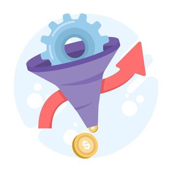 Sales funnel illustration showing conversion strategy in digital marketing. Concept of optimizing customer journey for higher conversions and effective online promotion campaigns. vector