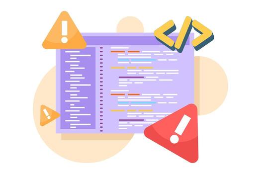 illustration concept of software malfunction. Error notification window showing bugs, system crash, and malicious script problems. Warning signs highlight program issues and technical failures. vector